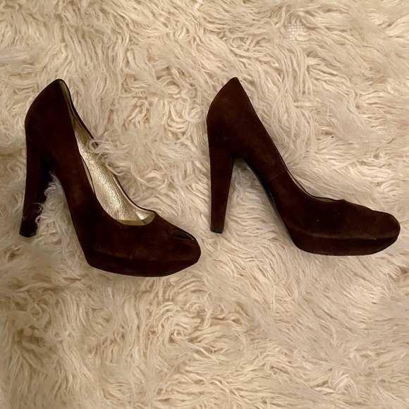 Casadei Brown Suede Peep-Toe Heels - Picture 2 of 4